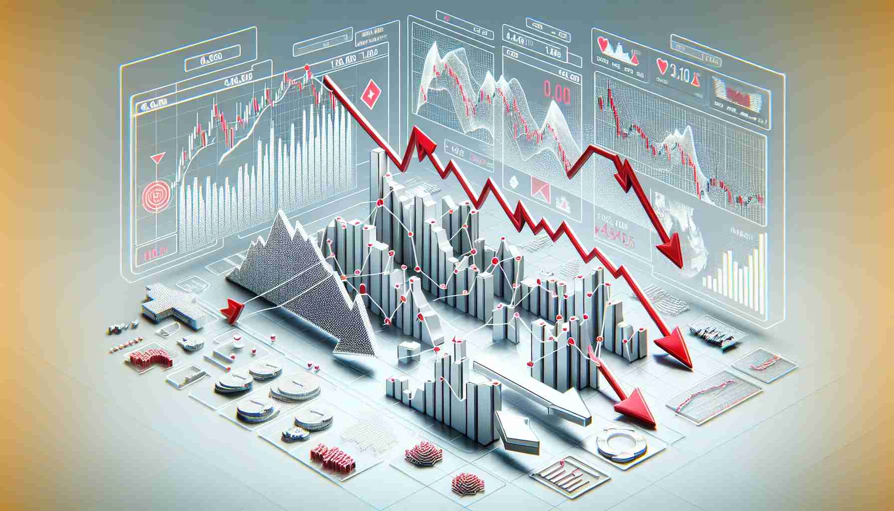 Generate a realistic, high-definition image that visually represents a continued downward trend for Polygon amidst market resistance. This image should include various chart types and market indicators, demonstrating a decrease in value over a period of time. You can use falling arrows and red oversold bars on a white background to symbolize the downward direction and market resistance respectively.