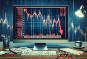 Generate a high-resolution, realistic image of a computer screen displaying a cryptocurrency market downturn. It should show a declining graph with diminishing bars on the screen, particularly emphasizing the decline in Bitcoin value. Illustrate this with red arrows pointing downwards and numbers in red to depict the falling values. Ensure the surrounding area of the computer screen captures the tension or stress associated with such a market event, perhaps with hastily scribbled notes and a cup of coffee suggesting long working hours.