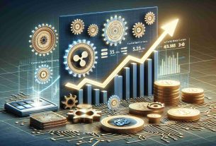 Generate a high-definition, realistic representation of the concept where Ripple blockchain technology strengthens its initiatives in the development of Central Bank Digital Currencies (CBDC). The scene can include symbolic elements such as a rising graph to represent growth, gears for development, and a secure digital wallet for CBDC storage.