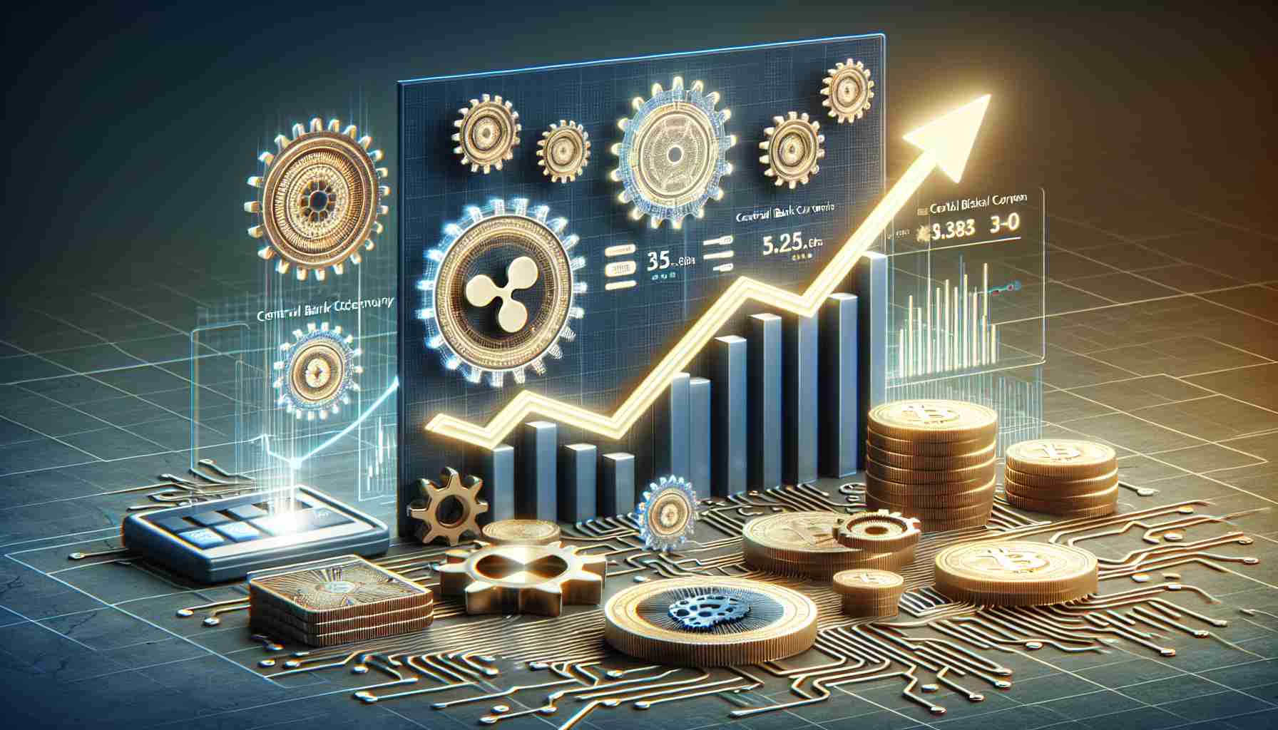 Generate a high-definition, realistic representation of the concept where Ripple blockchain technology strengthens its initiatives in the development of Central Bank Digital Currencies (CBDC). The scene can include symbolic elements such as a rising graph to represent growth, gears for development, and a secure digital wallet for CBDC storage.