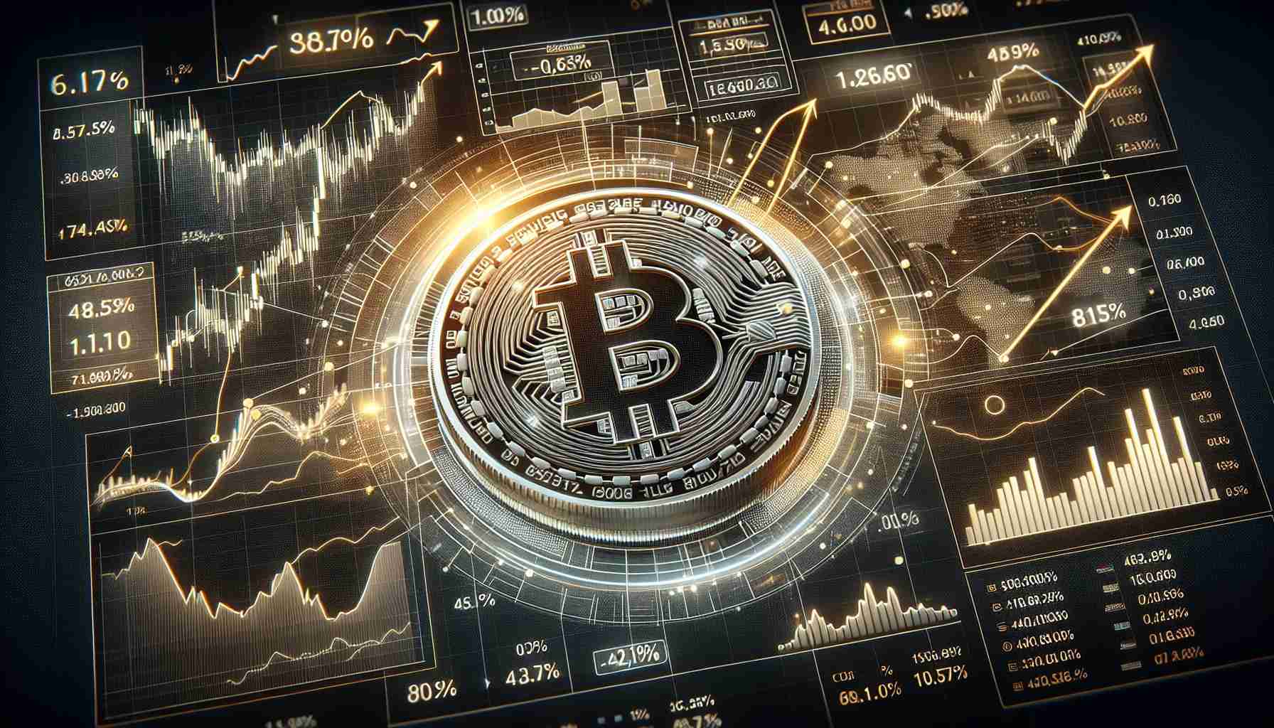 A high-definition realistic image showing the representation of Bitcoin's stability in the market, with graph lines showcasing minor fluctuations. A prominently visualized Bitcoin symbol is at the center, surrounded by informational graphics related to its market performance, including a detailed chart with rising and dipping lines indicating Bitcoin's minor fluctuations. Numbers and percentages represent the gains and losses, while the background elements hint a high-tech financial environment, suggesting the digital nature of cryptocurrencies.