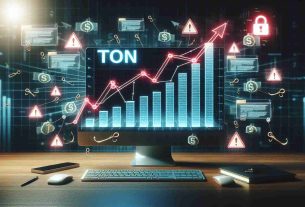 Visual representation of a rising graph overlaid on a computer screen to symbolize increasing phishing schemes. The computer shows a webpage that embodies the TON Blockchain interface. The graph has alerts and caution symbols, indicating security threats. Elements of cybercrime such as floating spams, fishing hooks, and suspect emails are present around the computer, indicating fraudulent activities. This digital environment is in a room with dimmed light where the only source of brightness is the computer screen.