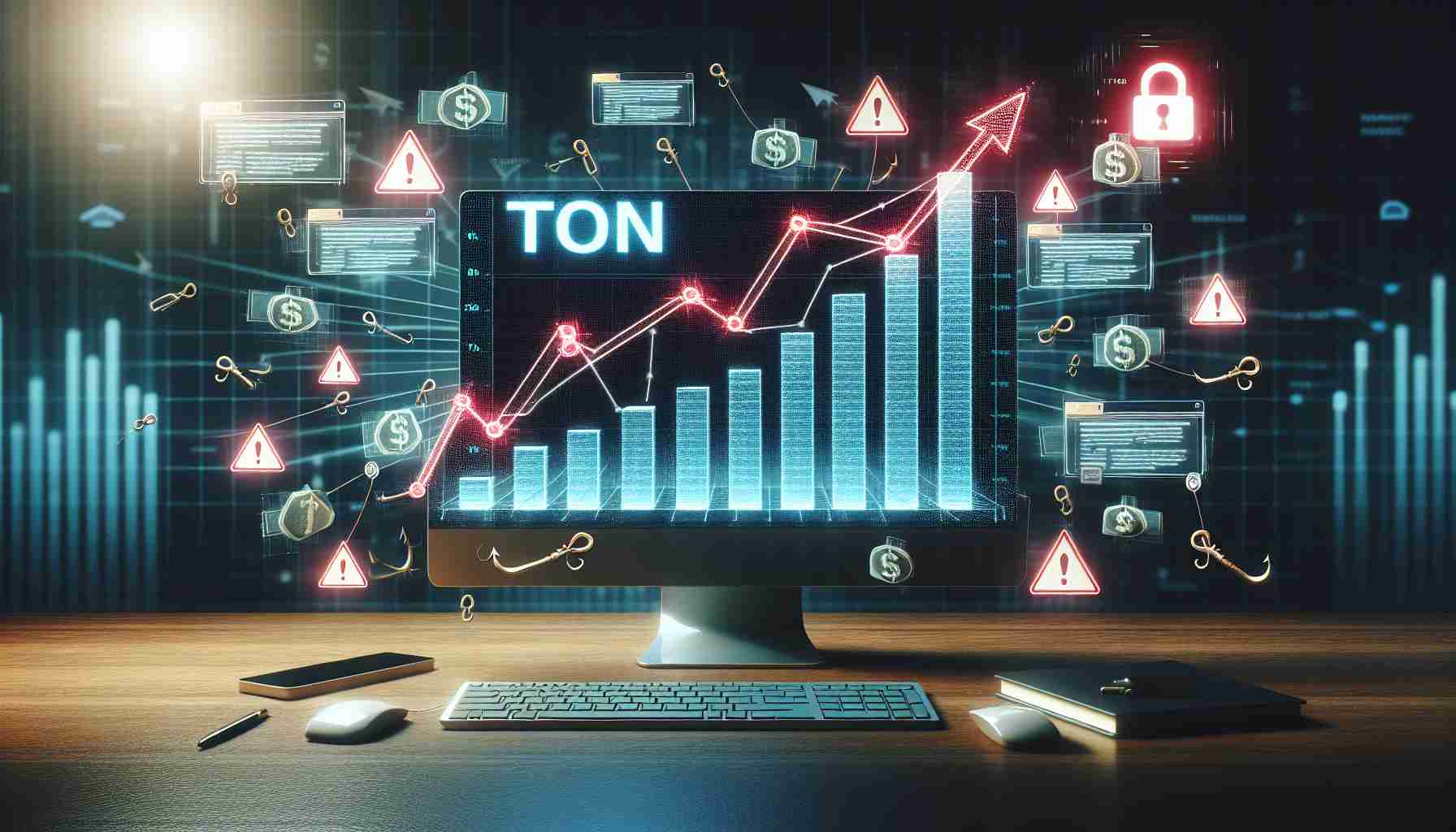 Visual representation of a rising graph overlaid on a computer screen to symbolize increasing phishing schemes. The computer shows a webpage that embodies the TON Blockchain interface. The graph has alerts and caution symbols, indicating security threats. Elements of cybercrime such as floating spams, fishing hooks, and suspect emails are present around the computer, indicating fraudulent activities. This digital environment is in a room with dimmed light where the only source of brightness is the computer screen.