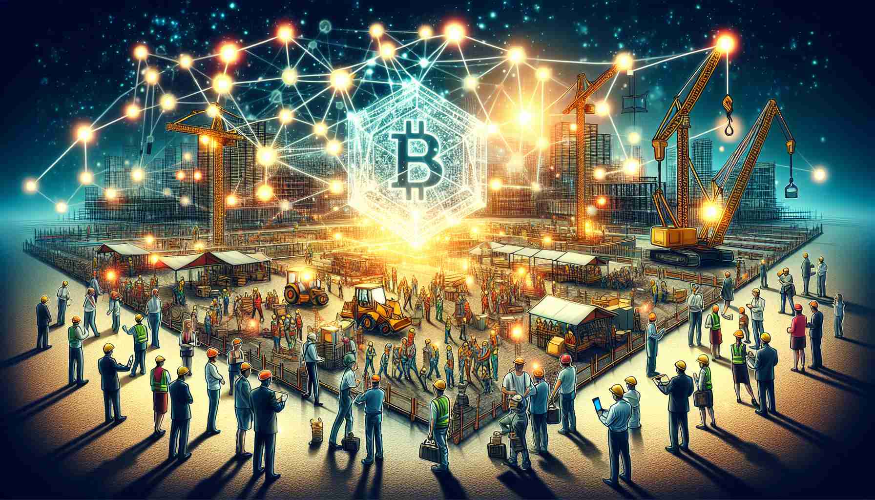 Create a detailed, high-definition illustration that symbolically represents the surge in blockchain technology adoption poised to transform the construction industry. Depict a vibrant and bustling construction site with diverse workers of different genders and descents, including Caucasian, Hispanic, and South Asian. In the background, visualize blockchain as interconnected, glowing nodes and lines forming a construction blueprint. Convey a sense of progress, innovation and transformation.