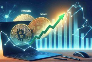 Create a realistic and high-definition image that visually represents the increase in search interest for 'Nvidia', as it surpasses 'Bitcoin' and 'Tech Giants'. This could be depicted as a rising graph or chart, with Nvidia's line surging upwards past the lines representing Bitcoin and Tech Giants.