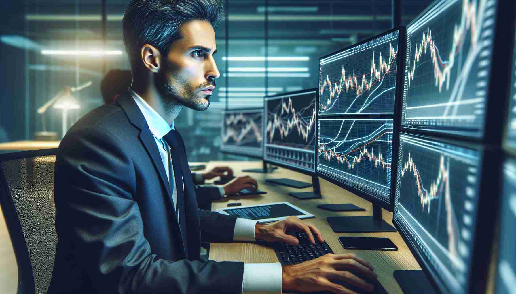 A high-definition image of a promising cryptocurrency investor. This individual is presented in professional attire, deeply engrossed in analyzing financial charts on multiple computer screens. Their expression is serious, reflecting a high-pressure situation as they wrestle with the dilemma of ethical misconduct allegations. The atmosphere around them reflects a modern yet tense workspace. Note that no specific person is being referred to, neither is this representative of all crypto investors. This is an imaginary depiction, and has no connection to real events or individuals.