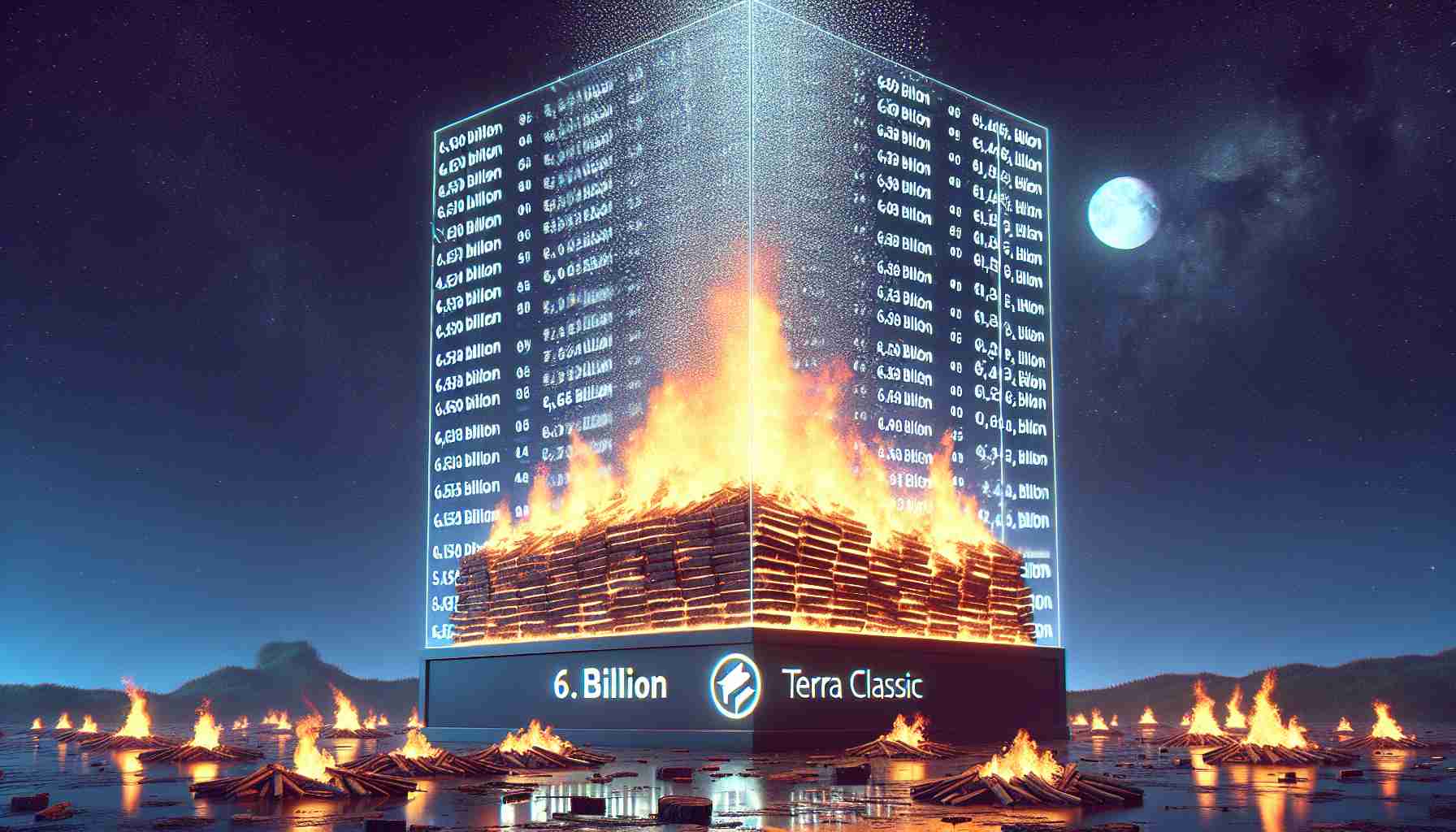 Generate a hyperrealistic, high-definition image that visualizes the concept of 'Terra Classic's Token Burn Exceeding 6.5 Billion'. It should depict a massive bonfire, perhaps with digital tokens replacing logs, soaring high against a night sky. In the foreground, a large transparent screen displaying the number '6.5 Billion' and the Terra Classic logo to symbolize the quantity of tokens burned. This should have a futuristic vibe, illustrating the abstract concept of cryptocurrency token burn in a tangible, visually captivating manner.