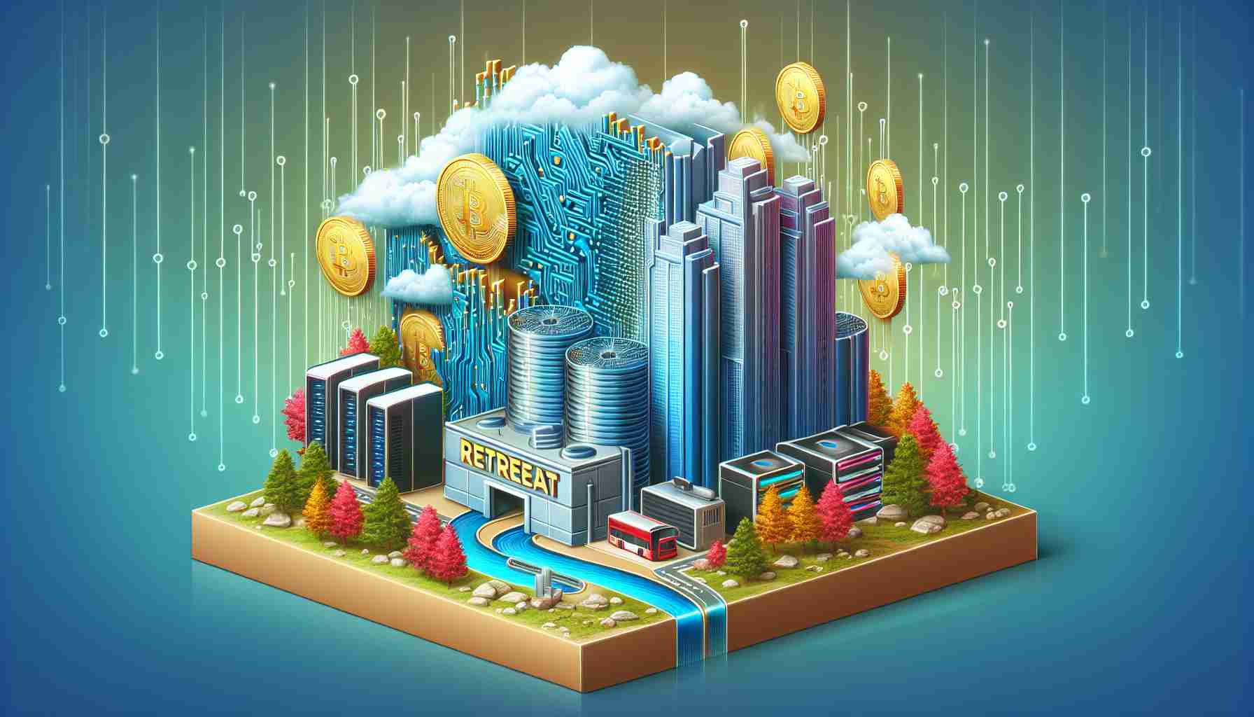 Create a realistic high-definition image symbolizing the retreat of a large tech corporation from a takeover proposal by a major digital farm, where physical elements like a 'retreat banner' and digital elements like stylized server equipment and cryptocurrency theming are present.