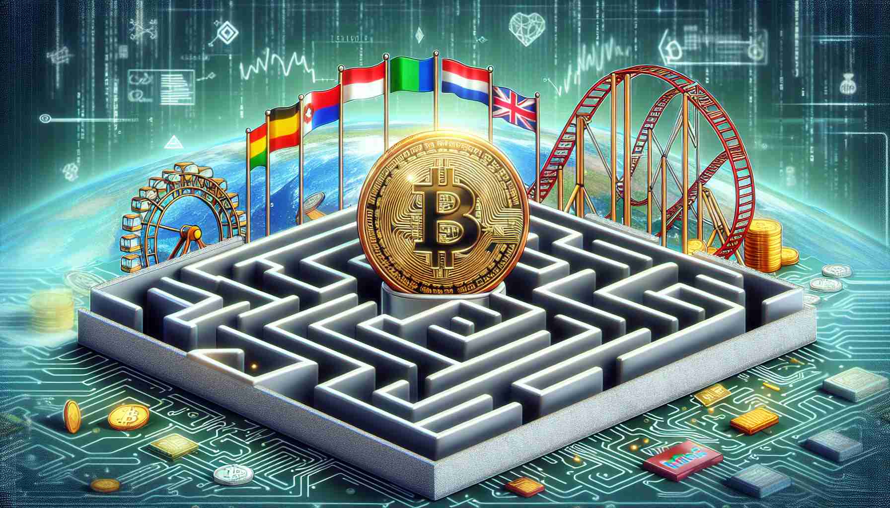 Generate a high-definition realistic image representing the changing regulatory landscape for cryptocurrencies. This can be symbolized with a large classic grayscale maze, given the complex legality. In the center, there should be a shiny golden bitcoin. The surrounding areas, outside of the maze, can portray different countries' flags showing the global impact. Include a rollercoaster to represent the financial volatility. To represent the digital aspect, include pixels, codes, and digital screens in the background.