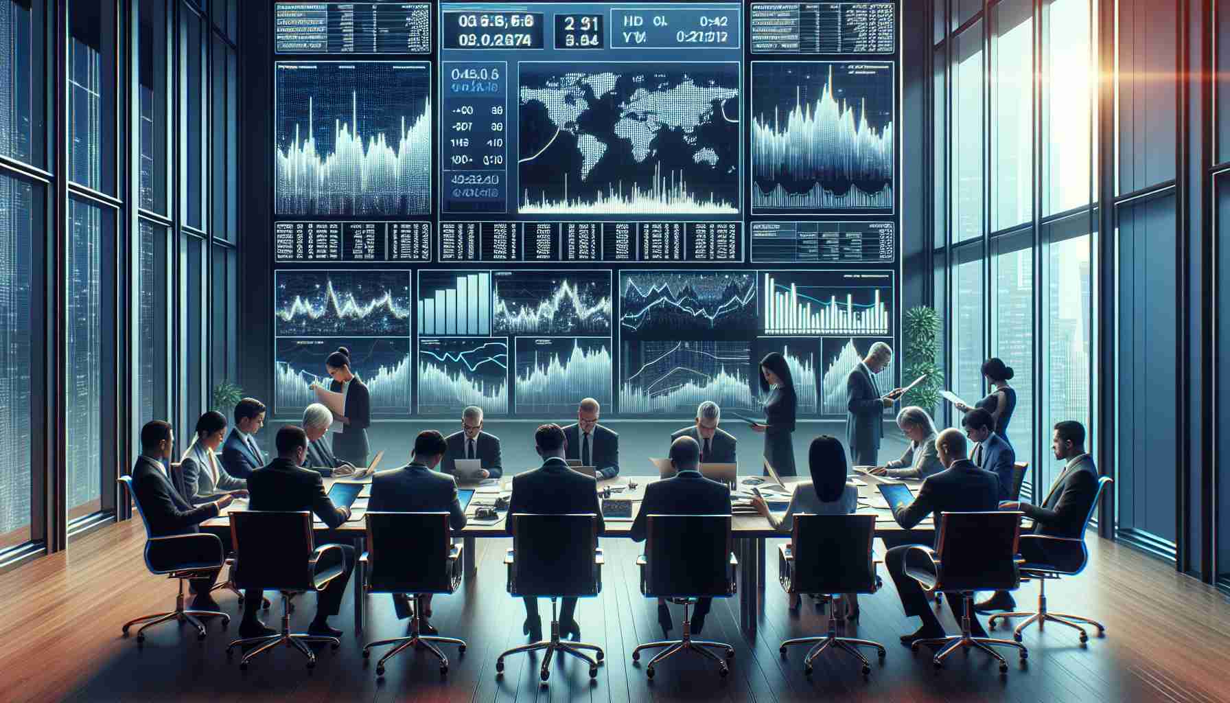 Generate a realistic, high-definition image depicting the scenario of a regulatory investigation on a high-frequency trading firm's cryptocurrency ventures. The scene should include a conference room with computer screens showing various complex financial graphs and data. On one side, there is a group of ethnically diverse individuals dressed in formal attire, representating the regulators. They are methodically reviewing documents and digital information. On the other side, there are representatives from the trading firm: a Hispanic woman and a South Asian man, showing a sense of concern. Please represent the tension and high stakes in the air.