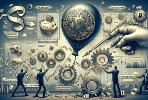 Visualize a detailed conceptual image that represents the link between decreasing Bitcoin price and the actions of the Federal Reserve, along with market dynamics. The image should include symbolic elements such as a deflated Bitcoin balloon, signs of Fed decisions like interest rate adjustment gears, and indications of shifting market trends such as fluctuating graphs. Consider also including a timeline that marks significant events to highlight the causality. Remember all elements should be depicted in a realistic and high-definition manner.