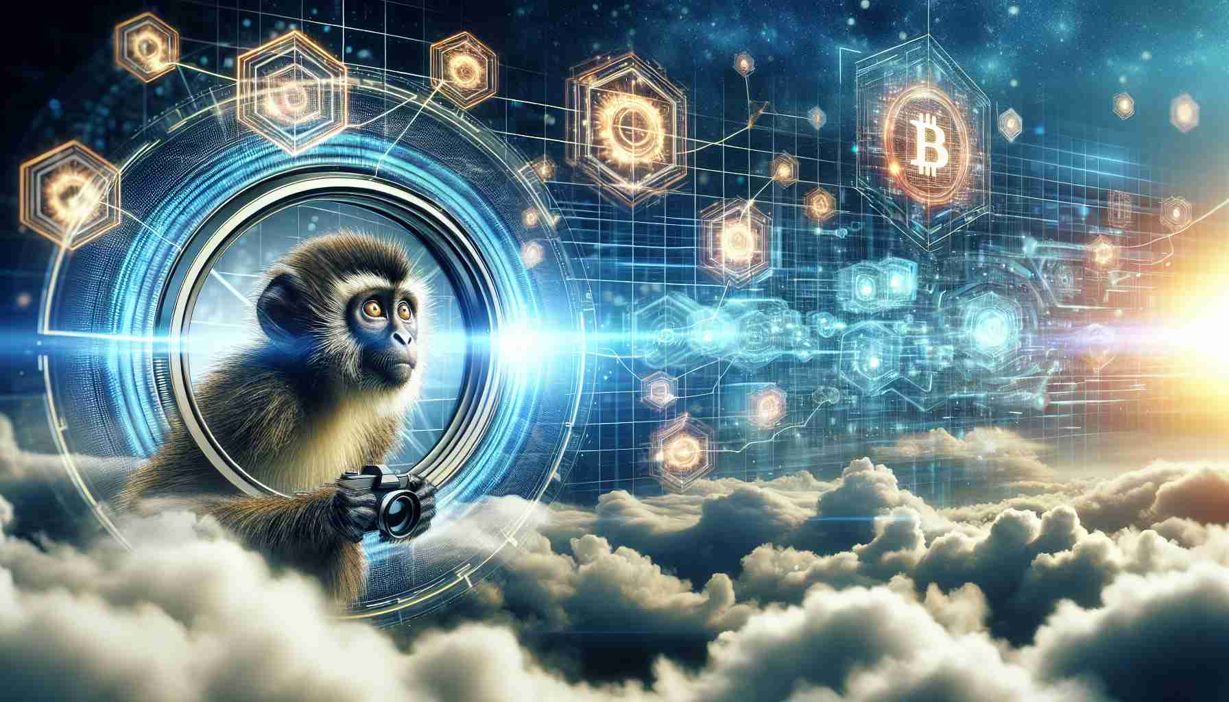 A high-definition, realistic illustration showing the concept of innovative gaming merged with blockchain technology. The picture symbolically represents the idea through an image of a monkey, which is a symbol for adventure and curiosity, interacting with holographic interfaces and digital data streams. The ambience is futuristic, suggestive of groundbreaking advancements in gaming industry.