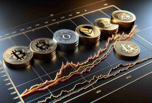 A high-definition, realistic depiction of cryptocurrency market trends. Display five different cryptocurrencies as symbolic coins with distinctive logos imprinted on them, each positioned on a graph to reveal their respective market performances. Coin one shows a steep rise, coin two shows a stagnant line, coin three demonstrates a slight but consistent growth, coin four shows a drastic drop, and coin five shows a zigzag pattern, symbolising its volatile nature. The details of the graph, such as the x and y-axis, should be well-defined, indicating time and value respectively.