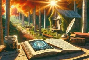 A very detailed, high definition image depicting a scene in Westport. There's a wooden writer's shed nestled among the vivid green trees. The autumn sun casts warm beams on an open book lying on an antique wooden desk. The book's pages contain elaborate diagrams and text about blockchain technology, symbolizing that the writer is shedding light on this complex subject in their new work. You can see a quill and inkpot besides the book, representing the writer's traditional tools.