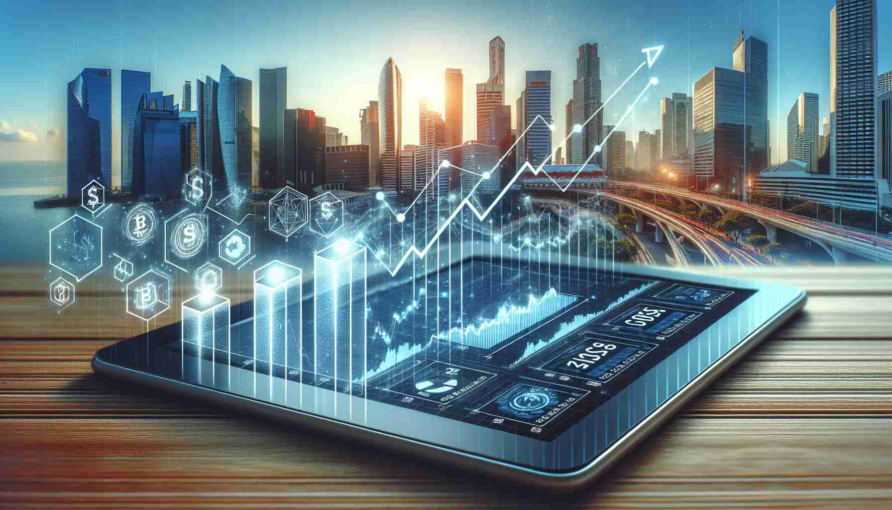 An image depicting the concept of emerging investment opportunities in blockchain innovators. The scene should show a tablet screen with live cryptocurrency trading data, bar and line graphs climbing upward. The background should be a bustling modern cityscape in the sunshine, representing a thriving economy. Please keep the image realistic and in high definition.