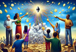 Illustrate a realistic, high-definition image capturing the scene of diverse Ethereum stakeholders, including a Hispanic woman, a South Asian man, and a Black individual, receiving symbolic tokens from a metaphorical Layer 2 Blockchain 'blast'. Show the tokens raining down from a digital explosion in the sky.