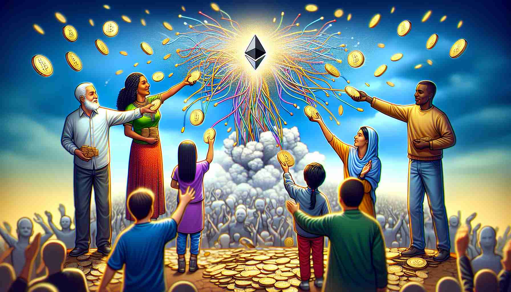 Illustrate a realistic, high-definition image capturing the scene of diverse Ethereum stakeholders, including a Hispanic woman, a South Asian man, and a Black individual, receiving symbolic tokens from a metaphorical Layer 2 Blockchain 'blast'. Show the tokens raining down from a digital explosion in the sky.