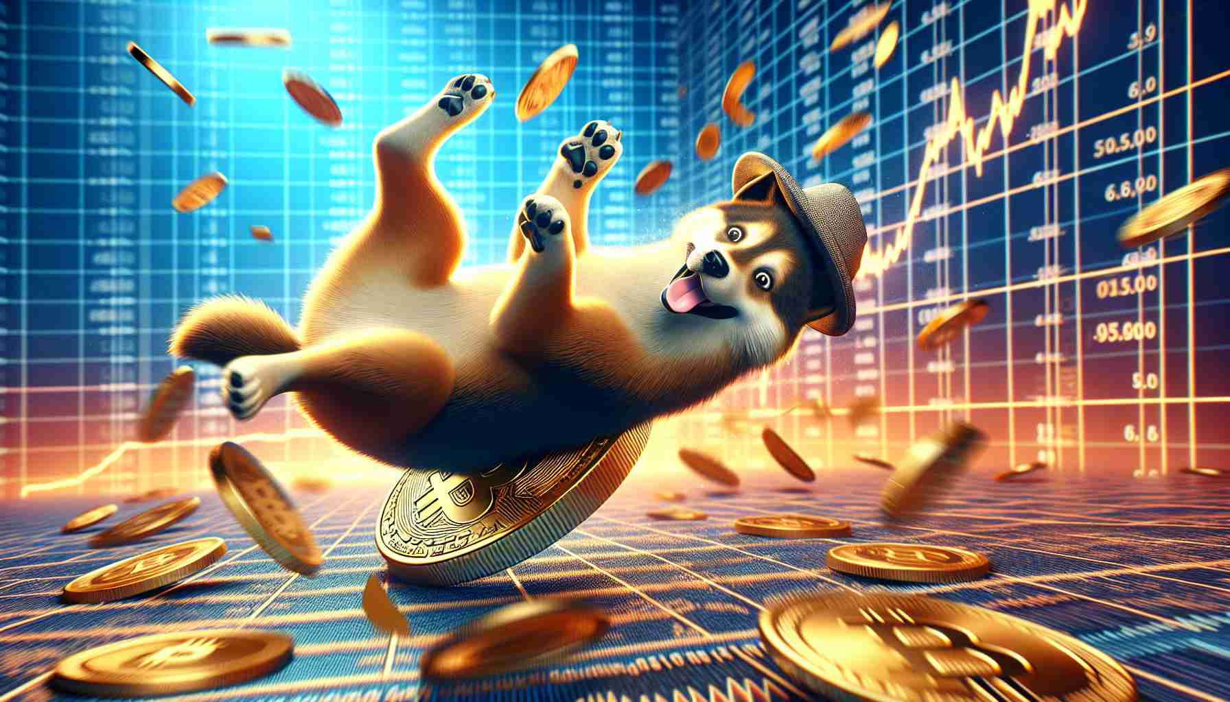 A high-definition, realistic image of a metaphorical scenario where a Dog-themed meme token comprehensive for the crypto rankings gets shaken, representing an event in the virtual currency market named Solana. The token should have a playful representation of a canine with a hat, tumbling or falling in a dramatic financial chart environment.