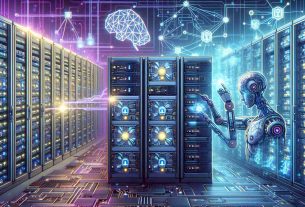 Illustrate an image portraying the concept of cryptocurrency mining and artificial intelligence as a powerful duo. Picture a cutting-edge technology scene with rows of high-powered computers and servers, LED lights flashing with data transmission. Adjacent to the servers, depict an advanced AI fulcrum with visual cues like holograms, neural network patterns and robotic arms at work. Represent these two domains interlinking, signifying their mutual power. Please produce this image in high-definition realism.