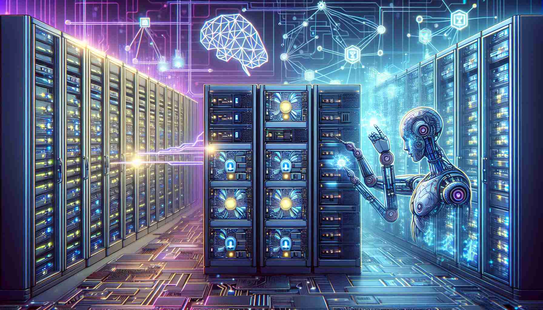 Illustrate an image portraying the concept of cryptocurrency mining and artificial intelligence as a powerful duo. Picture a cutting-edge technology scene with rows of high-powered computers and servers, LED lights flashing with data transmission. Adjacent to the servers, depict an advanced AI fulcrum with visual cues like holograms, neural network patterns and robotic arms at work. Represent these two domains interlinking, signifying their mutual power. Please produce this image in high-definition realism.