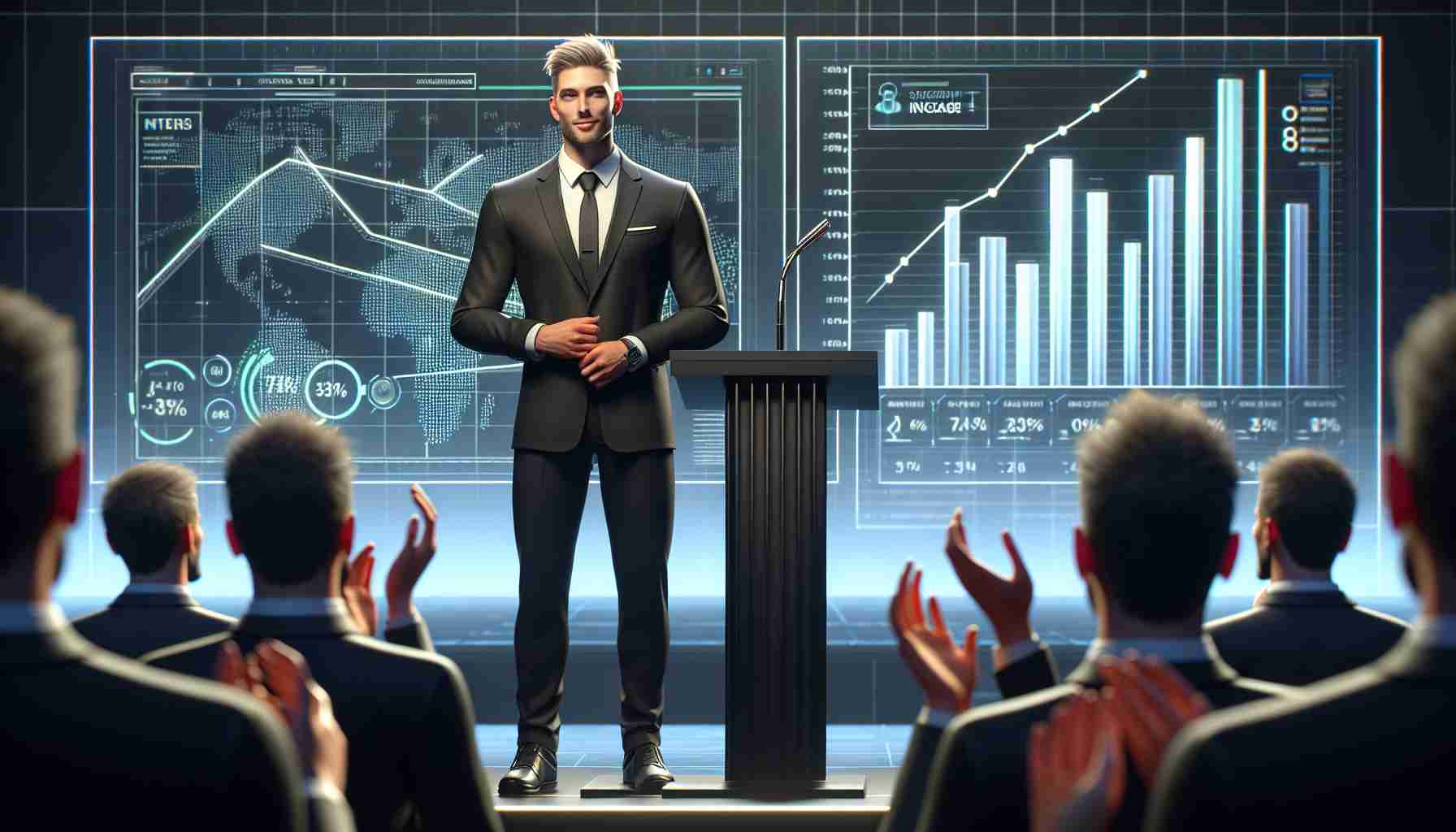 Realistic HD image of a charismatic tech entrepreneur with short fair hair, standing at a podium announcing the significant growth milestone for a futuristic tech platform. The entrepreneur is wearing a black suit with a white shirt and black tie, and to his right is a large screen showing a bar graph that depicts a significant increase. He exhibits a confident, successful demeanor. The audience members, some clapping their hands, are visible in the foreground.