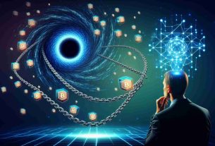 Generate a realistic HD image capturing the abstract concept of Wormhole Innovates collaboration with a high-ranking government official V2 to improve cross-blockchain transactions. The image could include an array of blockchain chains interconnected by a wormhole, symbolizing the cross-chain transactions, while an abstract representation of a government authority figure observes the entire process intently.