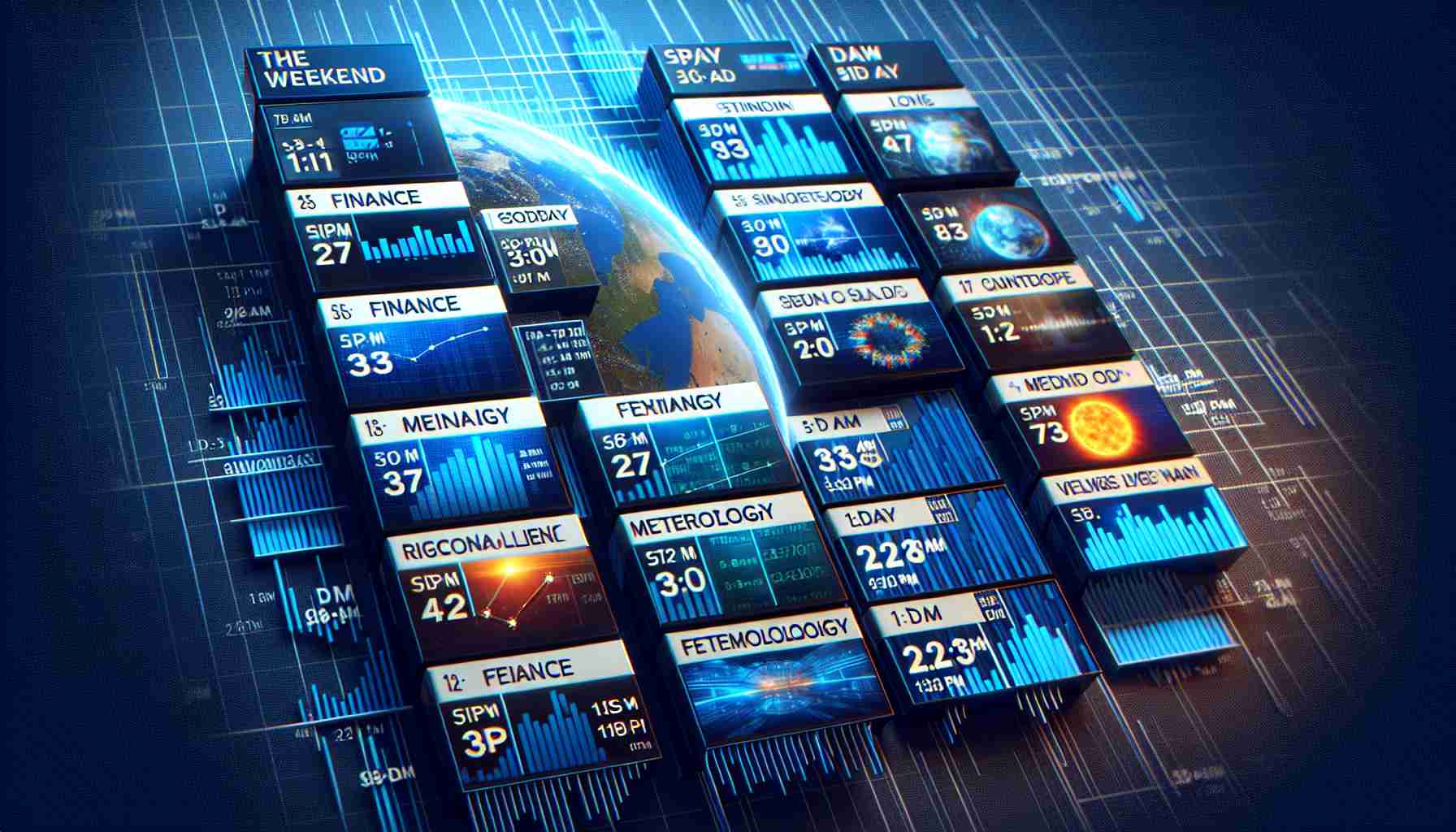 High-resolution image of a television schedule for the weekend on a generic broadcast network. The schedule consists of a mix of finance and meteorology programming. The layout should include the time slots, names of the shows, and a brief description of each of them. Please ensure the quality represents that of a professional scheduling graphic.