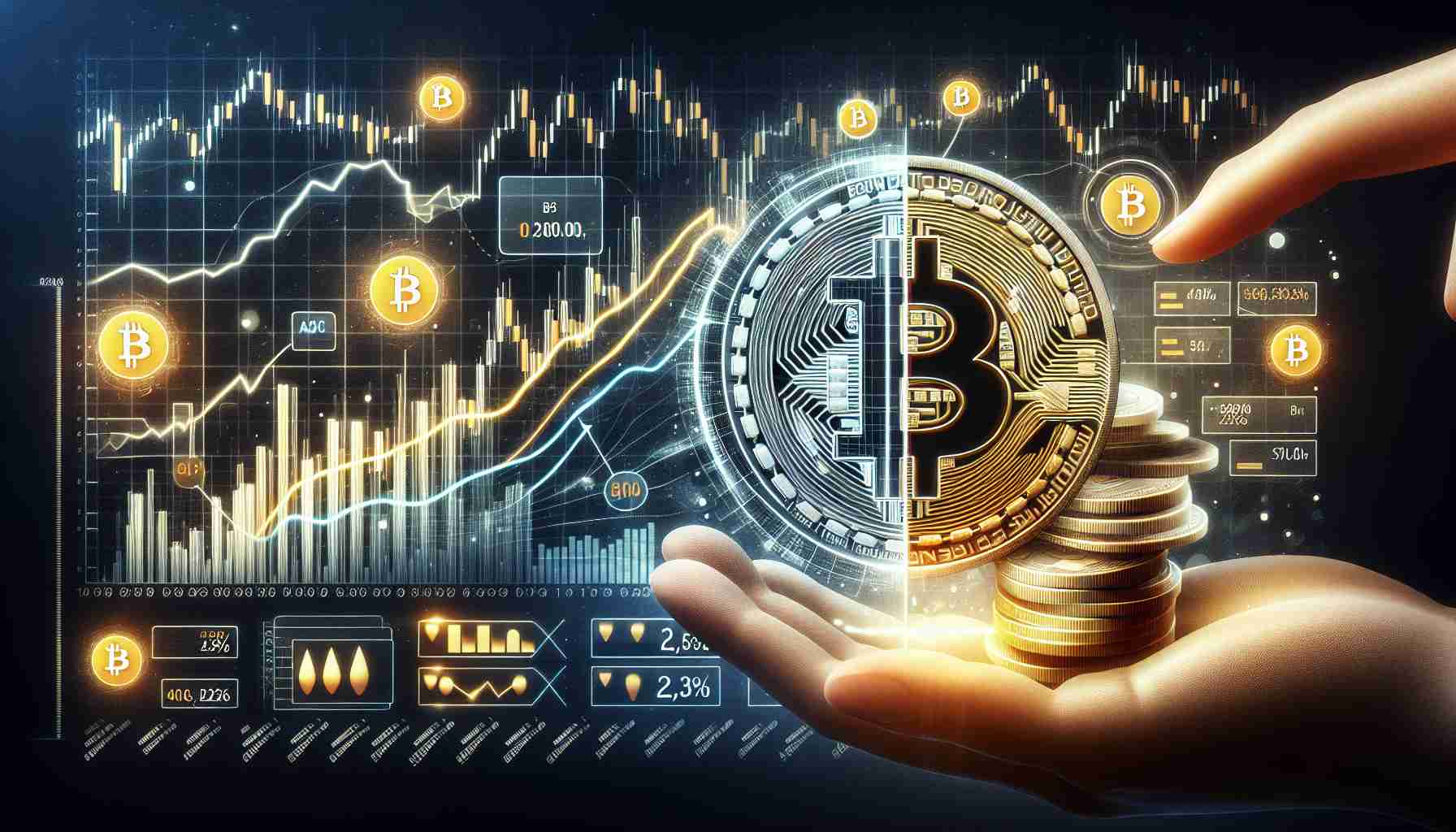 Create a high-definition, realistic illustration that represents the market dynamics of Bitcoin after its halving event. The image should include symbols such as a line graph indicating price changes, Bitcoin symbols, and a half-split coin to represent the halving. Also, include data points or information that suggests an understanding of the market's reaction to the event such as fluctuations in demand, supply and price.