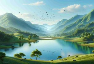 Realistic high-definition photo of a beautiful landscape featuring lush green hills offset by a peaceful clear sky. In the foreground, a shimmering blue lake reflects the surrounding hills and skies. Wildlife frolic, birds fly in clear sky, completing the picturesque scene.