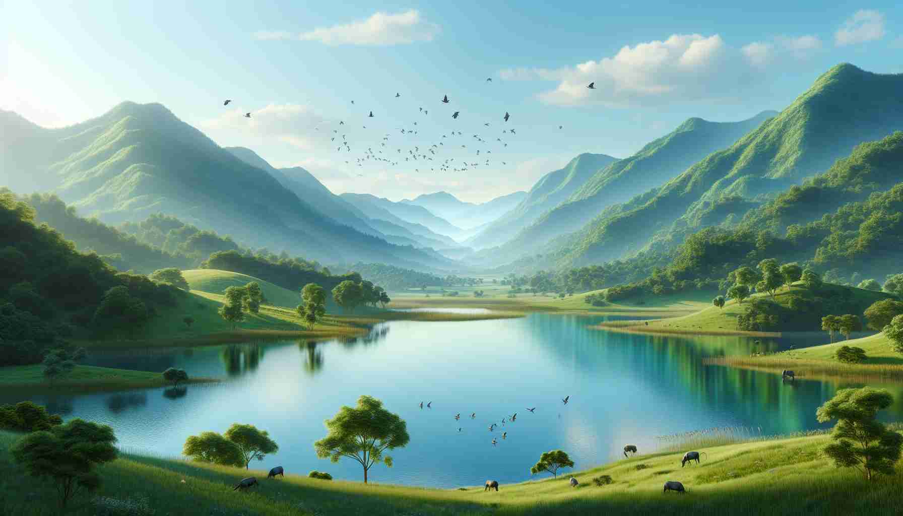 Realistic high-definition photo of a beautiful landscape featuring lush green hills offset by a peaceful clear sky. In the foreground, a shimmering blue lake reflects the surrounding hills and skies. Wildlife frolic, birds fly in clear sky, completing the picturesque scene.