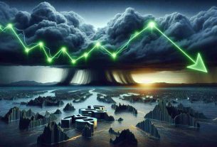 Realistic high-definition image of an abstract representation of the flux and potential price retreat of Bitcoin. The image indicators point to a downturn, embodied by a gloomy weather backdrop with a storm brewing off in the distance. However, the persistence of the bull market is still depicted through glowing green arrows piercing through the storm, symbolizing hope and resilience.