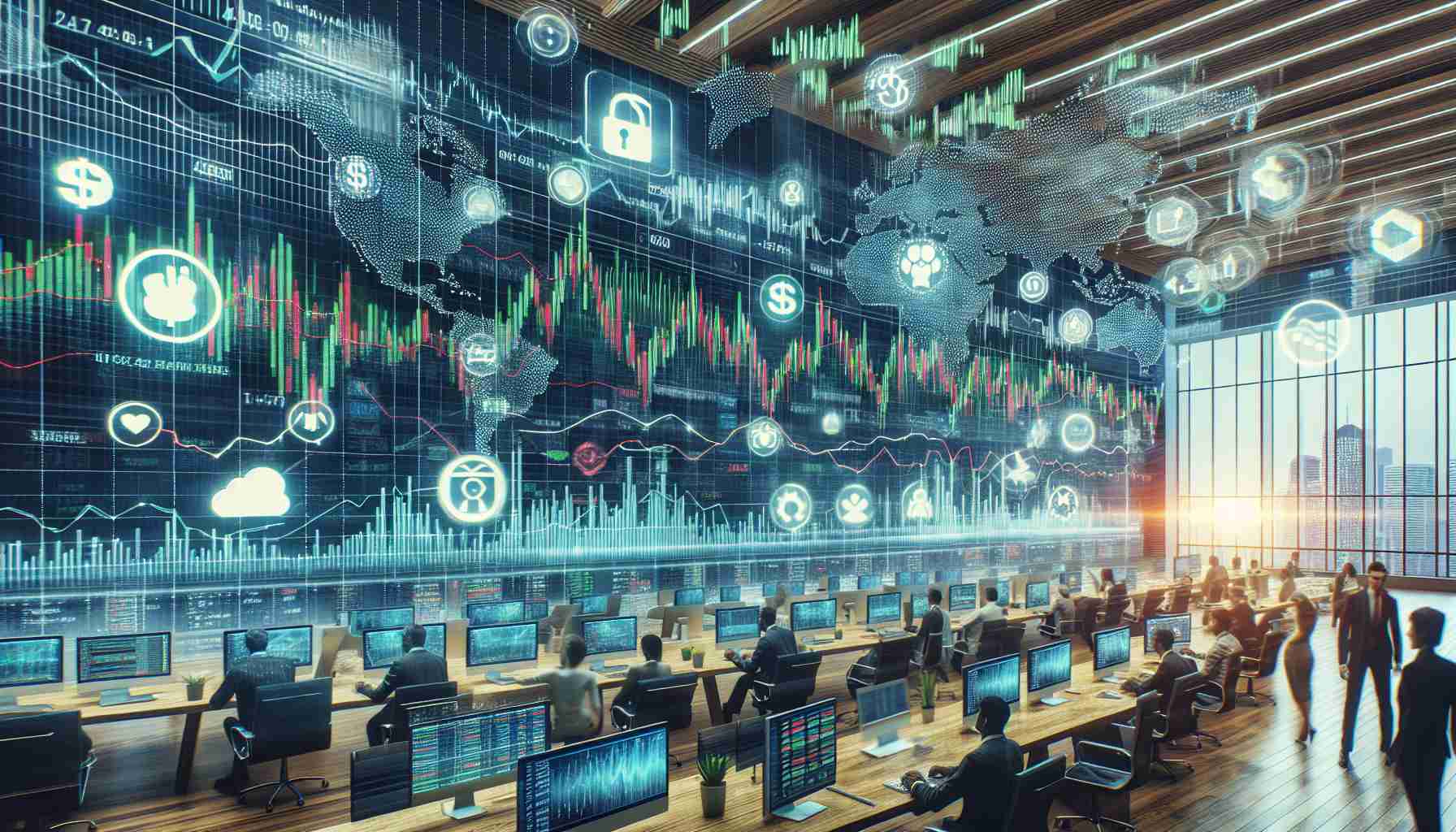 Create a detailed and realistic HD visual interpretation of a digital trading platform, Uniswap, experiencing increased user engagement. Display numerous active indicators such as chart movements, order requests, and notifications popping up on the screen. Depict indicators of market fluctuations such as erratic chart lines and a mixture of green and red bars. The background should be a realistic representation of a busy, modern trading office with screens displaying relevant financial information.