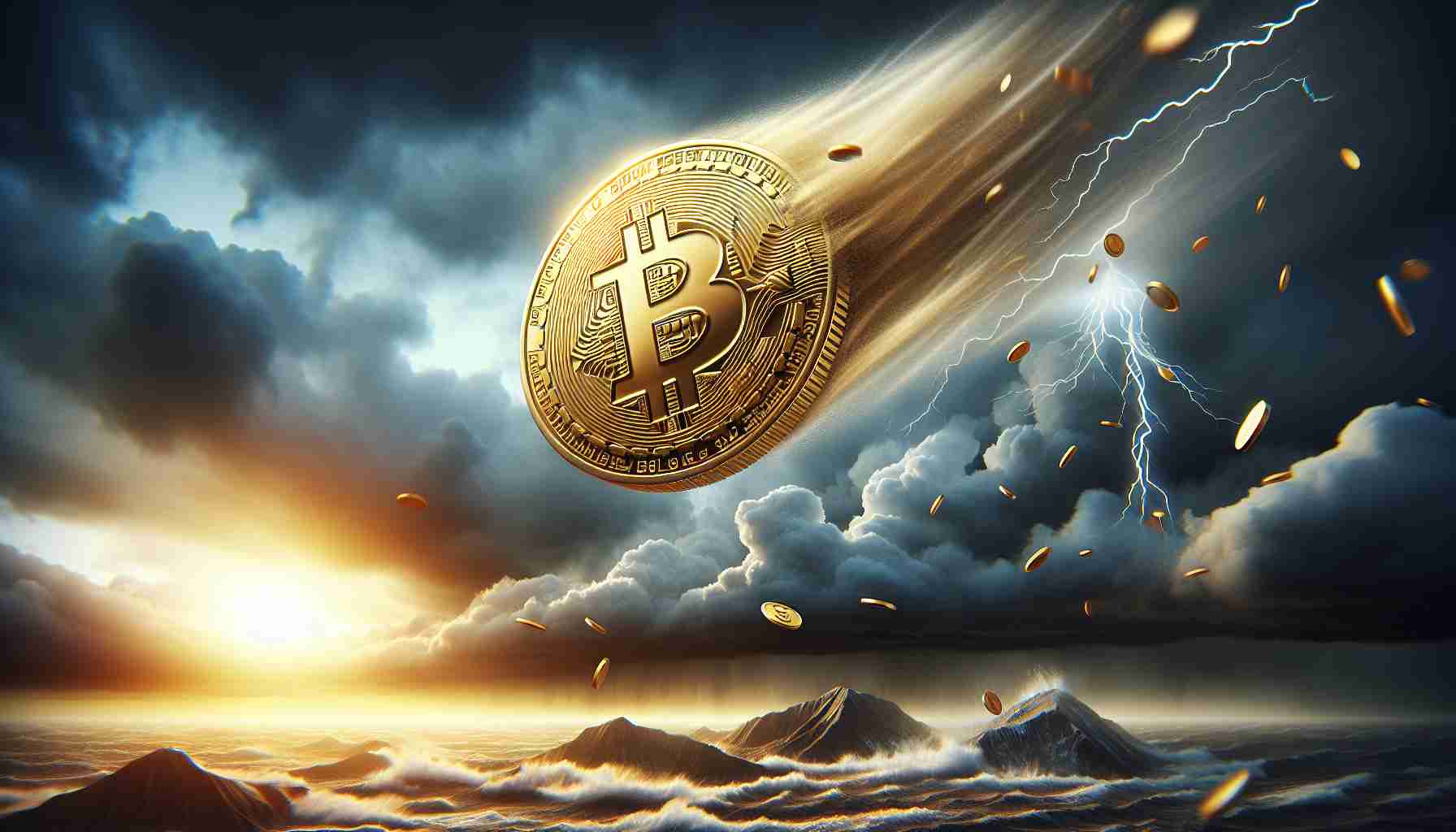 A high-definition realistic illustration portraying the metaphorical decline of Bitcoin causing market turbulence. The image could visualize Bitcoin as a physical golden coin with the Bitcoin symbol, and it's falling from a great height. As it falls, it generates strong gusts of wind representing turbulence in the market. The background should be a stormy sky filled with dark clouds to reflect the turbulent market conditions.