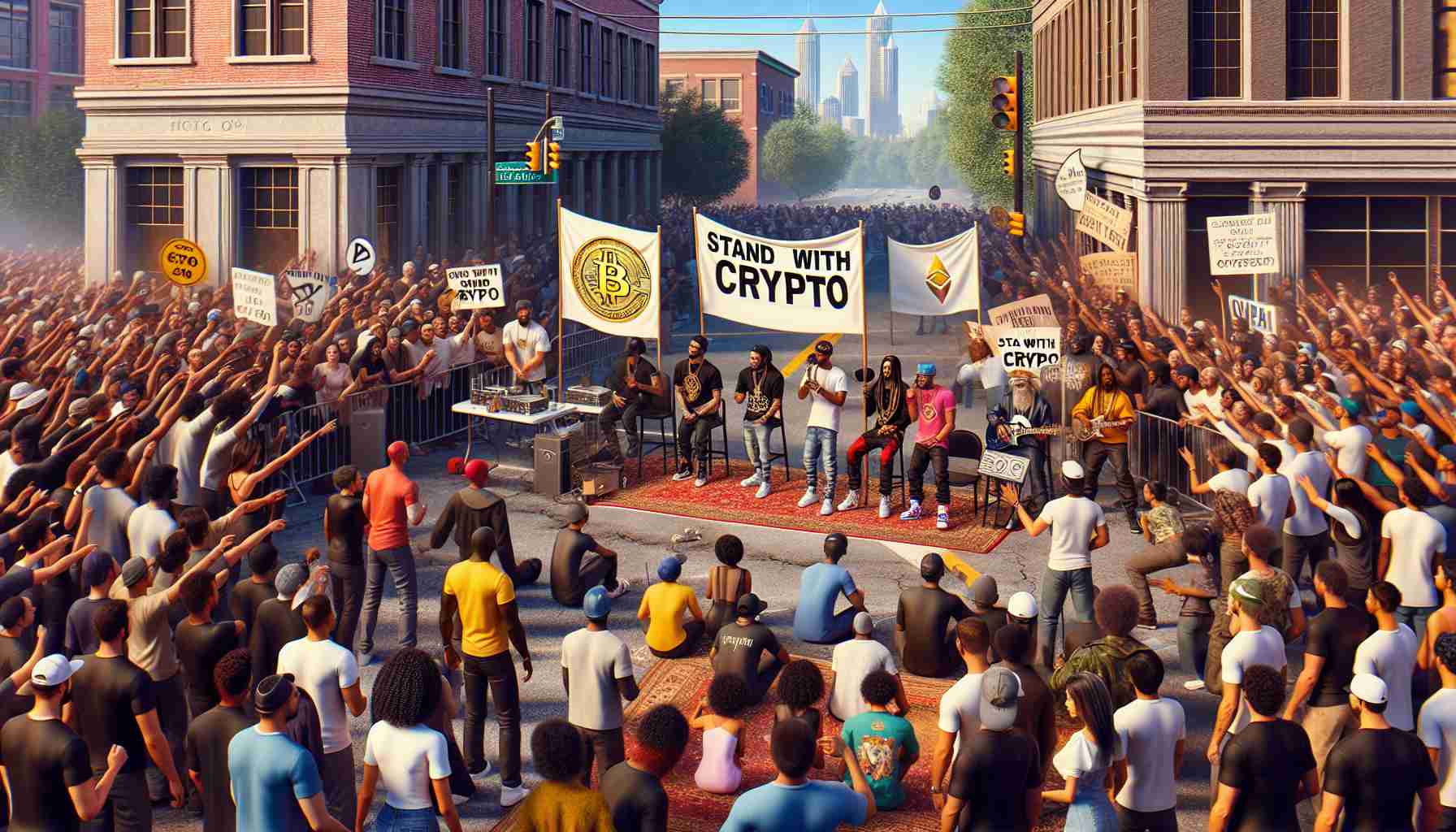 A high definition, realistic scene depicting Atlanta's vibrant hip-hop culture. Within the scene, there is a rally named 'Stand with Crypto' where artists and fans alike are embracing the concept of Cryptocurrency. The scene is filled with people from different descents including Caucasian, Black, Hispanic, South Asian, and Middle Eastern. The crowd conveys a mixed range of emotions, some are excited, inspired, while others are curious. A few are seen discussing digital currencies, some are holding banners promoting Cryptocurrency, and others are enjoying the hip-hop music.