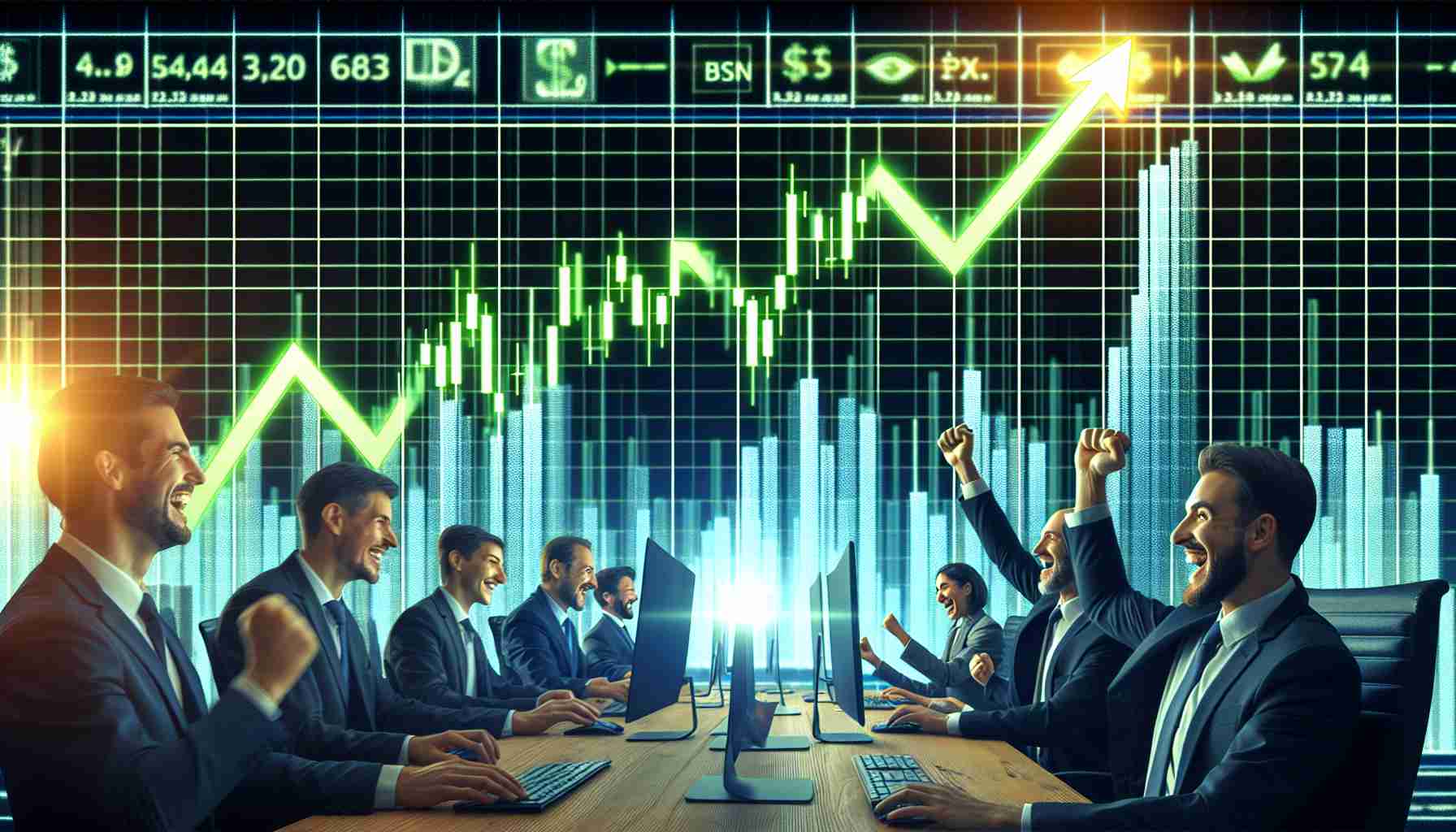 Realistic HD photo of a positive surge in the market as a prominent figure in a major crypto organization steps down. The image illustrates charts with rising green bars, indicators glowing, and excited people on the trading floor.