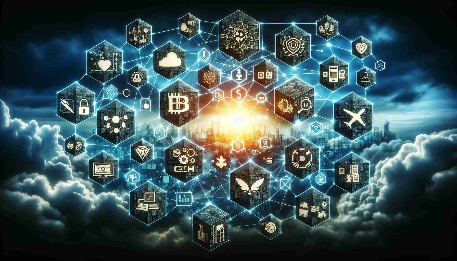 A high definition image visualizing emerging blockchain solutions. Graphics of linked blocks to symbolize blockchain and pictorial icons that highlight real-world applications, such as healthcare, logistics, and finance. Set against the backdrop of a stormy sky to represent the 'hype' associated with the crypto world.