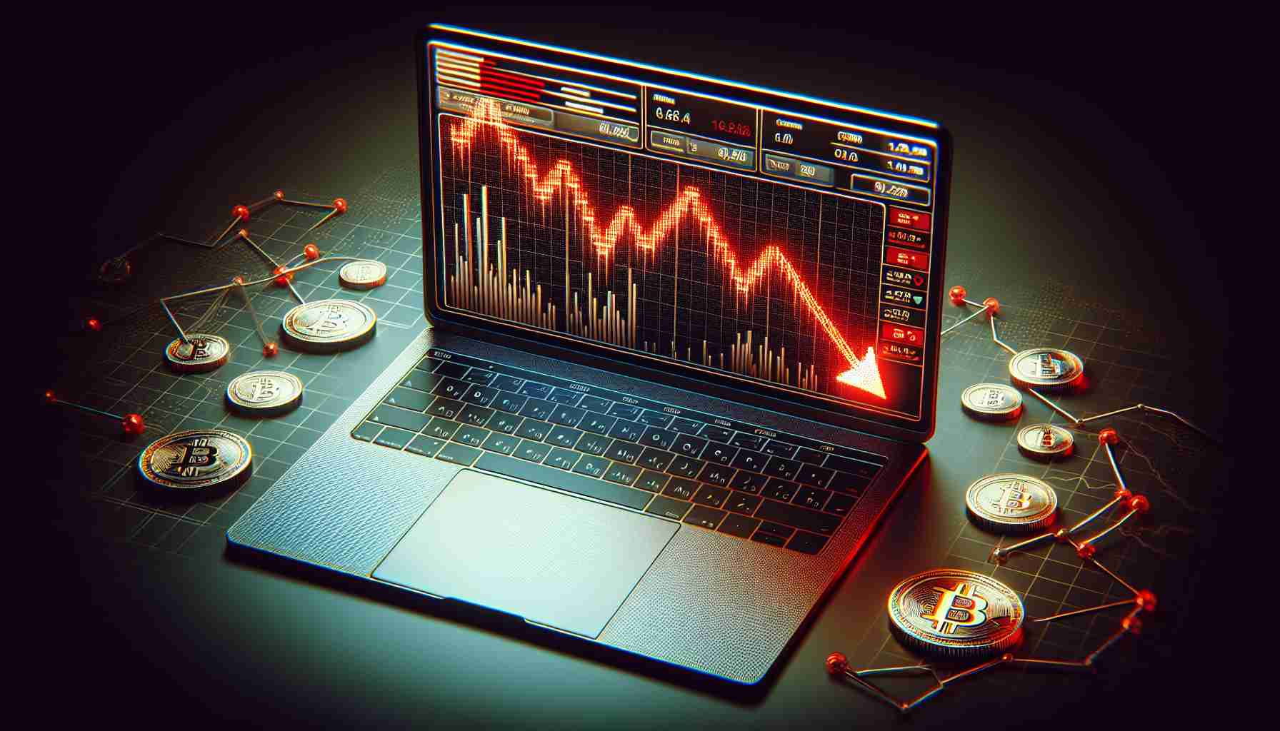 Generate a high-definition, realistic image representing the concept of a cryptocurrency market facing downtrend challenges. Show a close-up of a laptop screen displaying a graph and several other analytics. The graph should depict a downward trend, symbolizing the market downturn. Pictorial elements such as a chart going downward and red color dominating the statistics on the laptop screen would symbolize this downturn. Include scattered coins around the laptop that resemble popular cryptocurrency symbols with a saddened or grim outlook to depict the challenges.