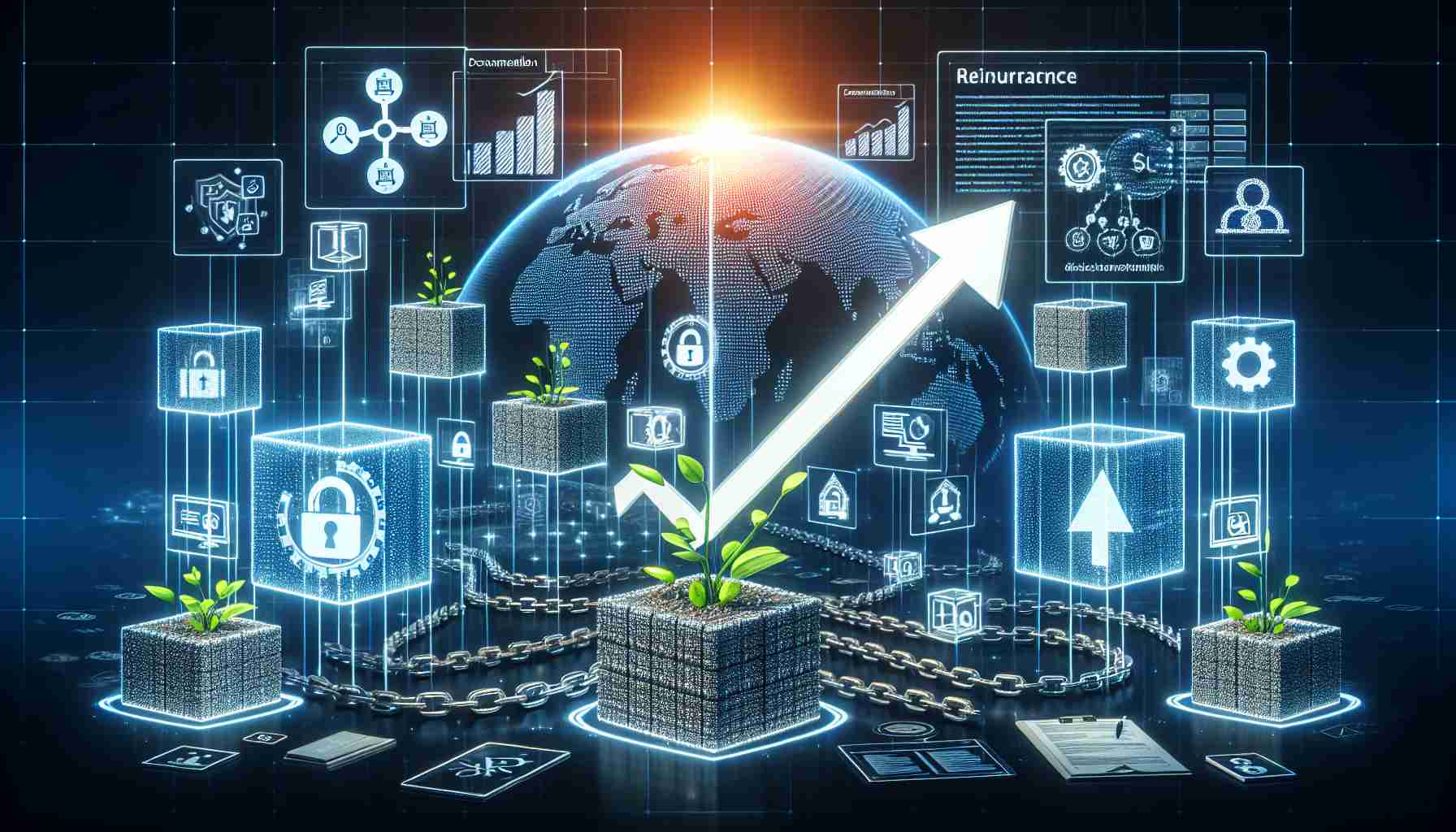 High-definition, realistic picture illustrating the concept of growth opportunities in the arena of blockchain technology within the reinsurance industry. The image should ideally depict various elements related to blockchain, such as a chain of blocks, digital screens displaying lines of code, and maybe even symbolic representation of growth like growing plants or a upward-pointing arrow. Additionally, aspects of reinsurance can be represented through symbols like graphical representations of risk diversification and documentation of policies.