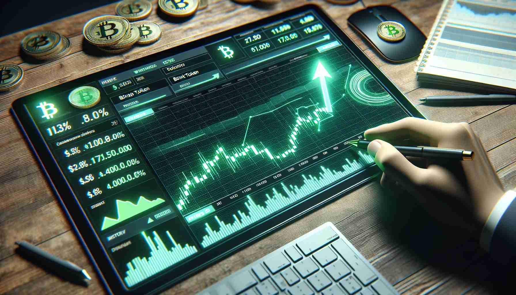 Create a realistic image in high definition showcasing that the fictional cryptocurrency 'BONK token' experiencing a positive market event with a 17% price increase. The image can be in the form of a stock market graph or trading view on a computer screen, with green arrows and bars indicating the price hike. It should also include some financial symbols and data traditionally associated with the stock market, to reflect the seriousness and realism of the scenario.