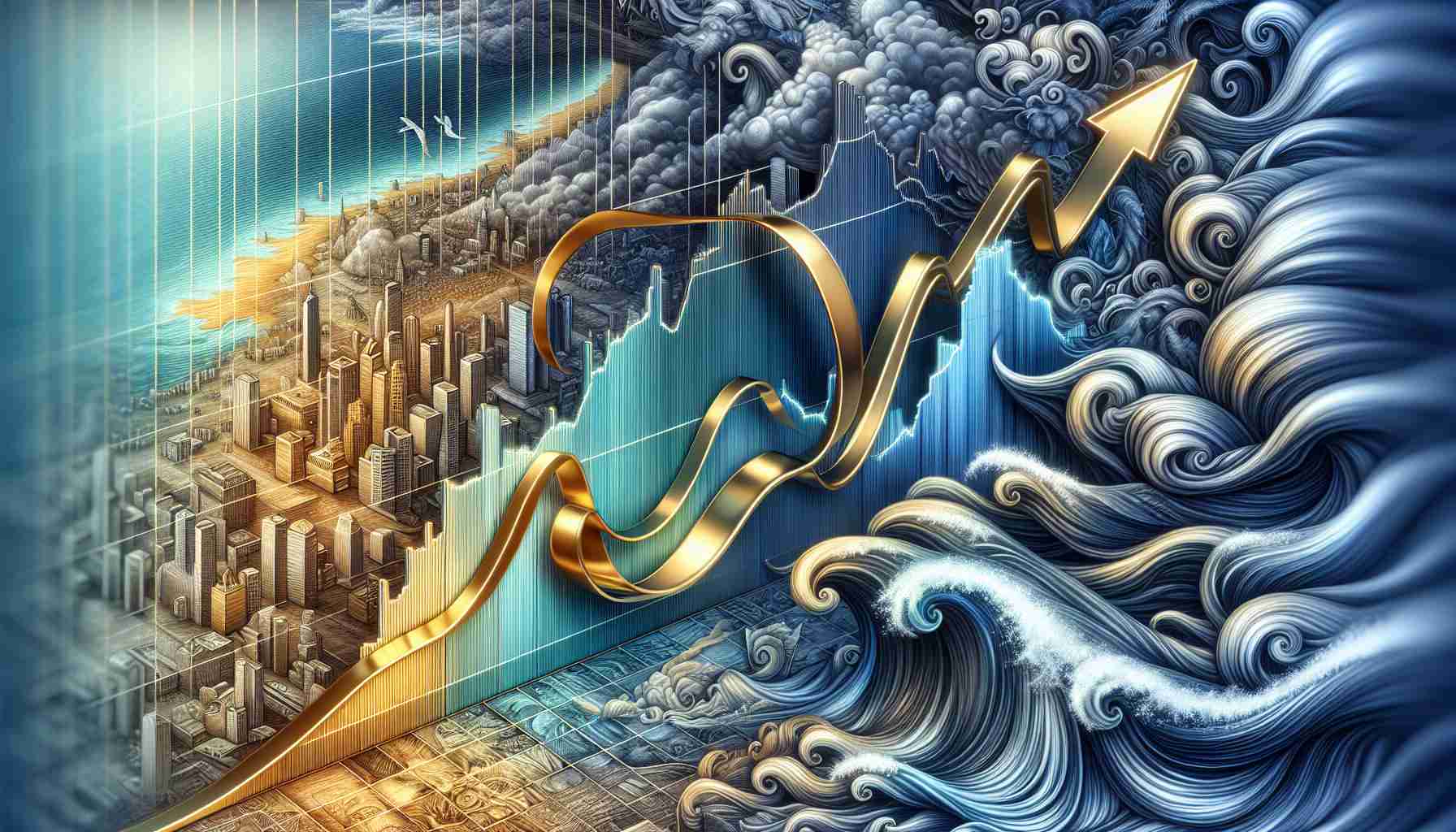 A realistic high-definition image depicting the decline in gold and silver amid market headwinds. This would be represented as a graph with two curving lines, representing gold and silver. The lines start high from the left side of the graph then gradually decrease towards the right side of the graph. The background of the image features an illustrated scene of a market bustling with traders, which subtly transitions into clouds and wind, symbolizing the headwinds. The overall color scheme of the image maintains a mix of metallic gold, silver, and varying shades of blue and grey.