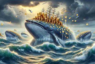 Create a realistic, high-definition image that metaphorically illustrates the concept of Bitcoin whales harvesting $1.2 Billion in profits amidst challenging crypto market conditions. Picture large, majestic whales, symbolizing the Bitcoin holders, surfacing from a tumultuous ocean, which represents the volatile cryptocurrency market. Aboard the whales are stacks of gold coins representing the massive profits reaped. The seas can be painted rough and stormy, with high waves and dark clouds to signify the difficult crypto climate. Please ensure the scene comes across as a well-crafted visual metaphor for the crypto market situation.