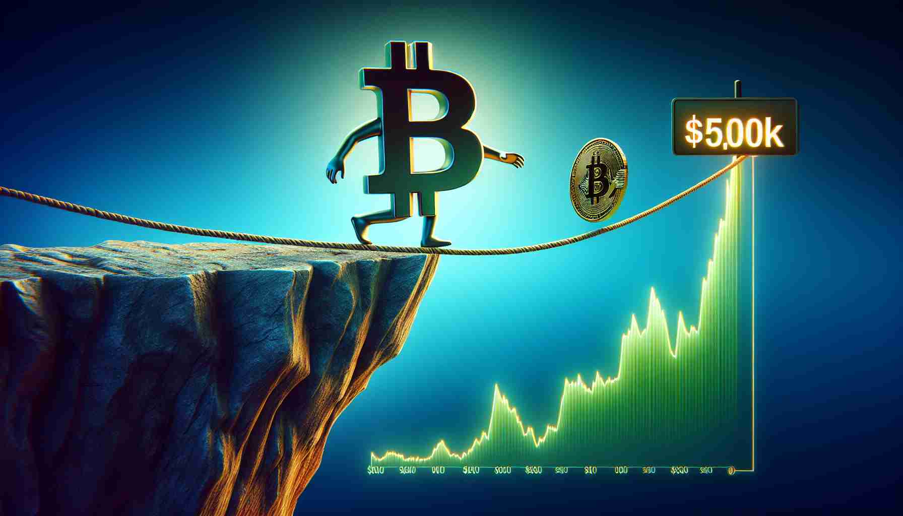 A realistic, high-definition image that represents Bitcoin in a precarious position, symbolizing a potential pullback to $50K. The image should evoke feelings of alarm and concern. It could potentially feature a symbolic representation of the Bitcoin logo on a tightrope or teetering on the edge of a cliff, with indicators or graphics of $50k nearby.