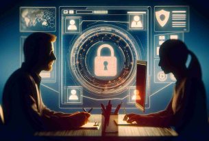 Generate a high-definition realistic image depicting the concept of new partnership in the context of digital identification security using blockchain technology. The scene entails a secure digital device, perhaps a computer, showcasing a blockchain interface representative of digital identity. Corresponding to the partnership idea, depict two silhouetted figures, one Caucasian male and one Asian female, engrossed in discussion with the digital interface in the backdrop.