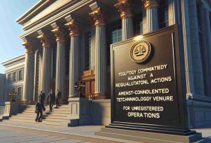 A high-definition, realistic scene depicting a courthouse with a prominent sign mentioning a regulatory body commencing legal actions against a non-compliant technology venture for unregistered operations. The scene should portray a sense of urgency and major consequence.