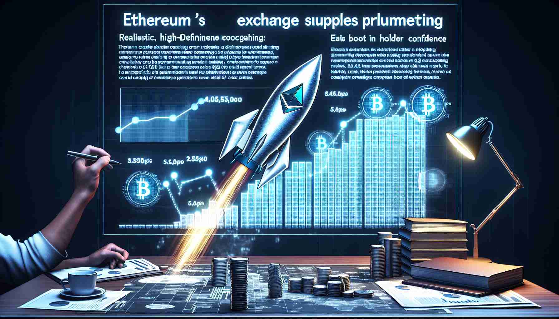 A realistic, high-definition infographic depicting the concept of Ethereum's exchange supplies plummeting, signaling a potential boost in holder confidence. The infographic should include a detailed chart or graph illustrating the decrease in supply, associated statistics and legible labels. Also represent a metaphorical image of a rocket launching upward to symbolize the boost in holder confidence.