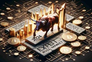 Create a realistic, high-definition image that visualizes 'Expert Tips for Navigating the 2024 Cryptocurrency Bull Market'. Include symbolic elements such as a bull charging forward (representing the bull market), digital coins with 2024 marked on them, a complex maze to signify navigating through the market, and a set of expert tips styled like commandments engraved on a stone tablet. The overall atmosphere should imply optimism, risk, and strategizing.