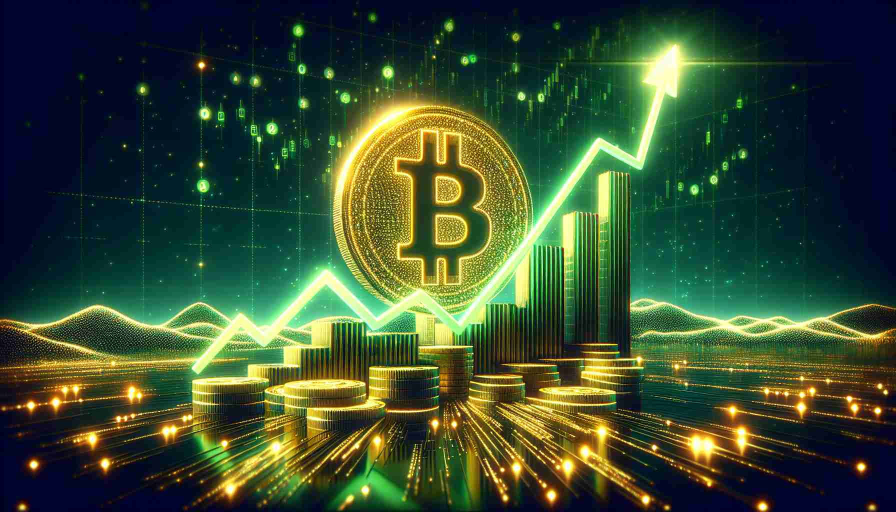 Generate a realistic high-definition image of a metaphorical representation of Bitcoin's price hinting at a potential uptrend. This should emulate the atmosphere of excitement and anticipation that was present during the 2017 rally. Imagine a steep, rising graph, numbers in green symbolizing growth, and the Bitcoin symbol glowing, reflecting its positive performance.