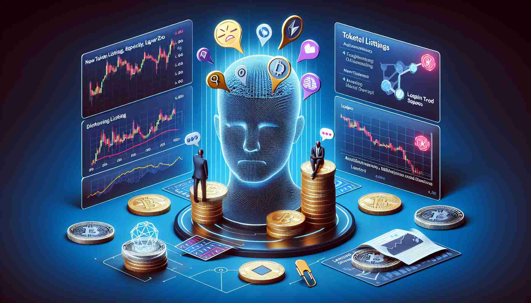 Generate a realistic high-definition image that metaphorically represents a fluctuating cryptocurrency market due to new token listings, especially LayerZero, coupled with dissatisfaction about airdrops. It can include elements like chart graphics showing market volatility, coins symbolizing new tokens, and icons showcasing sentiments of discontent.