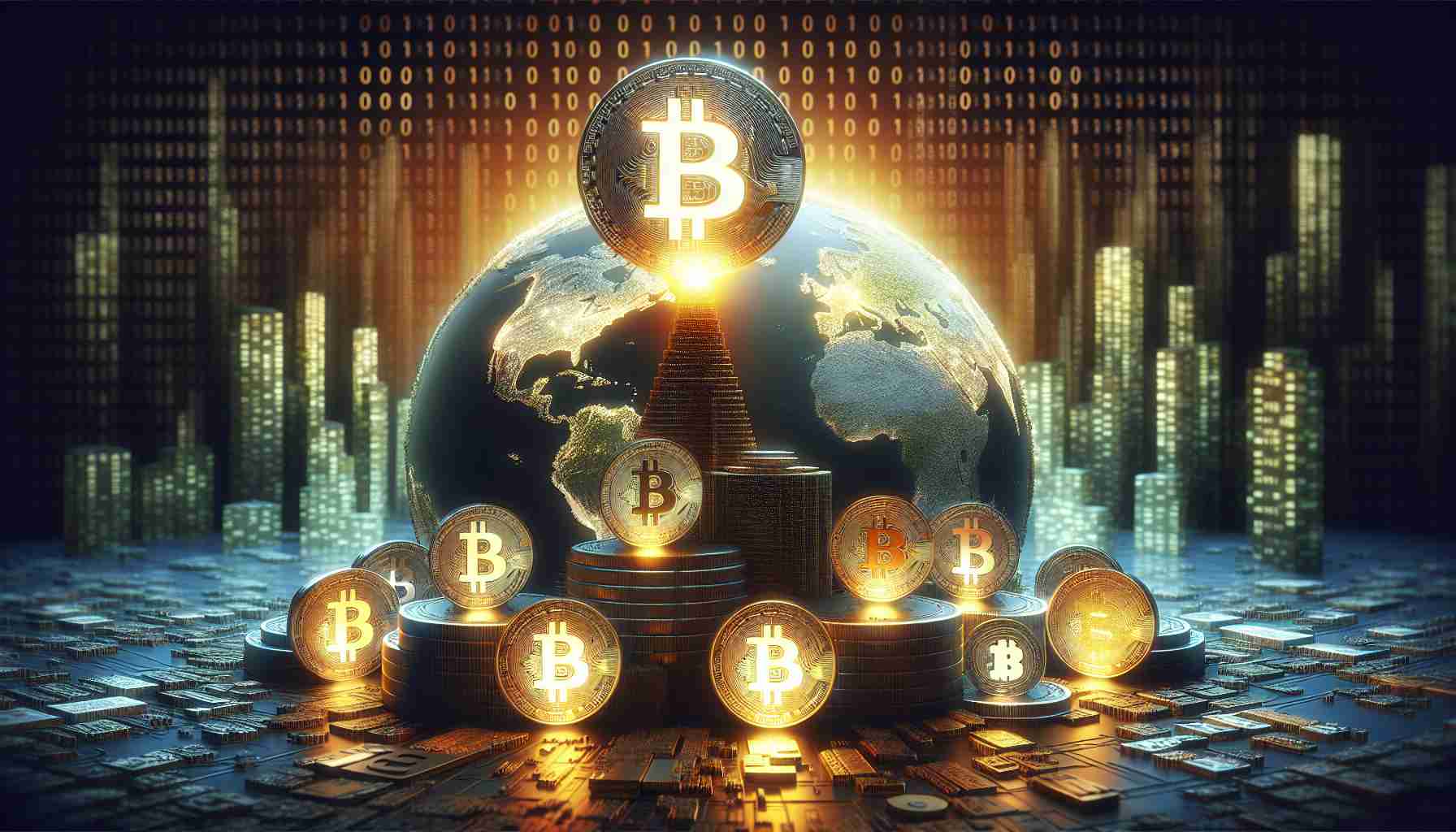 A realistic high-definition image representing the concept of Bitcoin dominating the narrative in the cryptocurrency market, while altcoins are lagging behind. The image could have a digital globe with an illuminated Bitcoin symbol glowing brightly, towering over smaller, faintly lit altcoins symbols. The background can be filled with binary code, representing the digital nature of cryptocurrency.