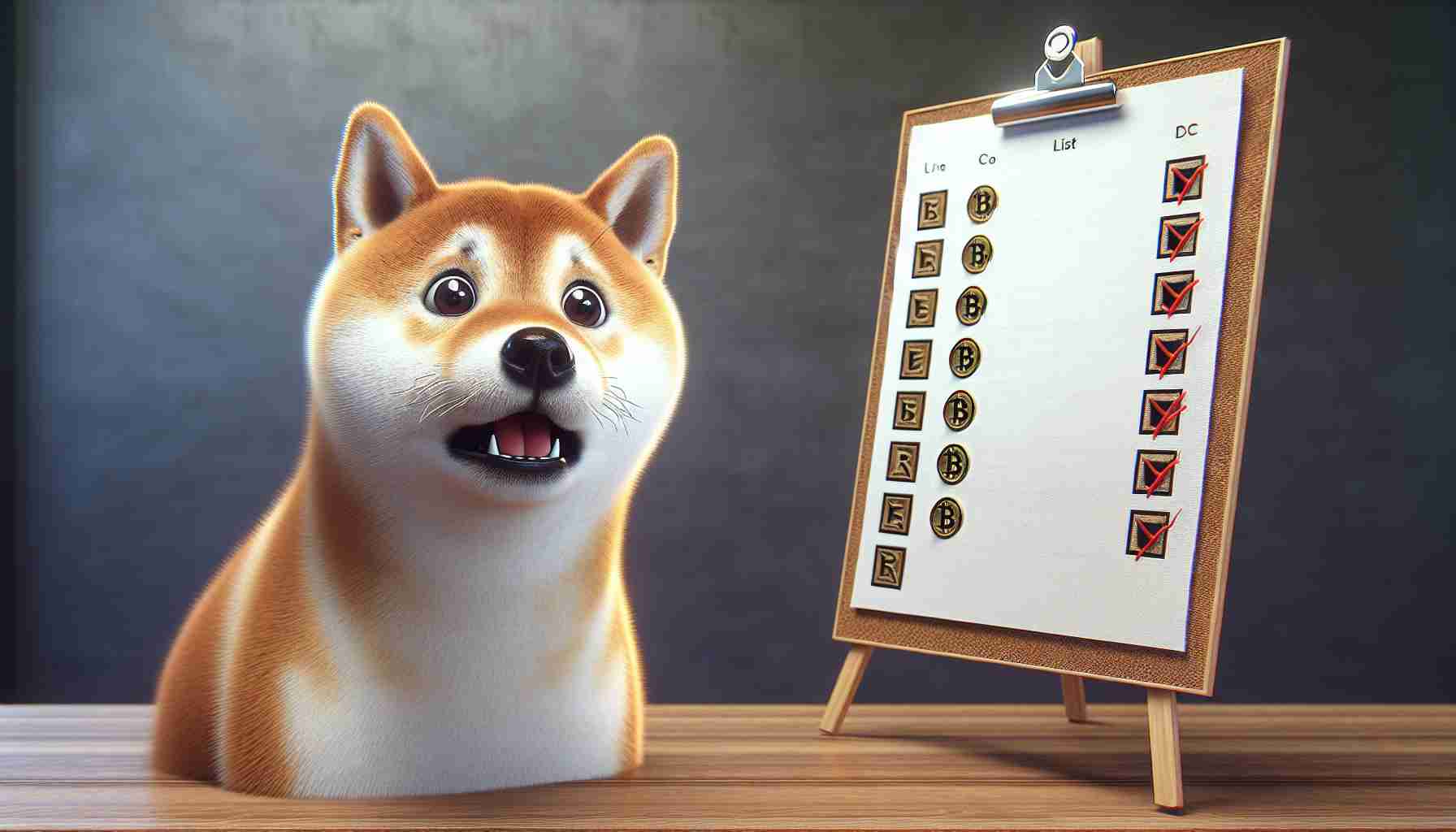 A realistic high-definition image of a bewildered Shiba Inu, with its eyes wide open in surprise, standing next to a list on a board. The list contains a series of symbols resembling cryptocurrency signs and the Shiba Inu's symbol is visibly crossed out from the list.